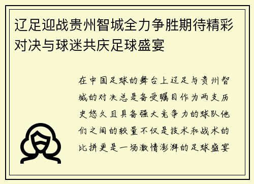 辽足迎战贵州智城全力争胜期待精彩对决与球迷共庆足球盛宴